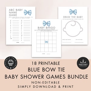 Blue Bow Baby Shower Games Bundle, Digital INSTANT DOWNLOAD, Printable, Gingham Tie Watercolor Picnic Party Activities, Non-Editable BA-17