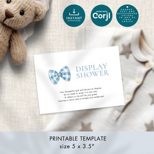Dusty Blue Gingham Bow Tie Display Shower Card Template, INSTANT DOWNLOAD, Baby Boy Shower, Digital Enclosure, 5 x 3.5" Corjl Editable BA-17