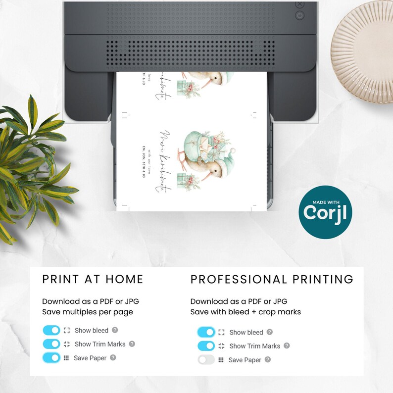 Op de afbeelding: Een printer wordt getoond met een bedrukte kaart met een aquarel illustratie van een kiwi vogel met een hoed en cadeaus. De kaart heeft de tekst "Mern Kishimete" en "With all our love". De afbeelding bevat ook de tekst "MADE WITH Corjl".
