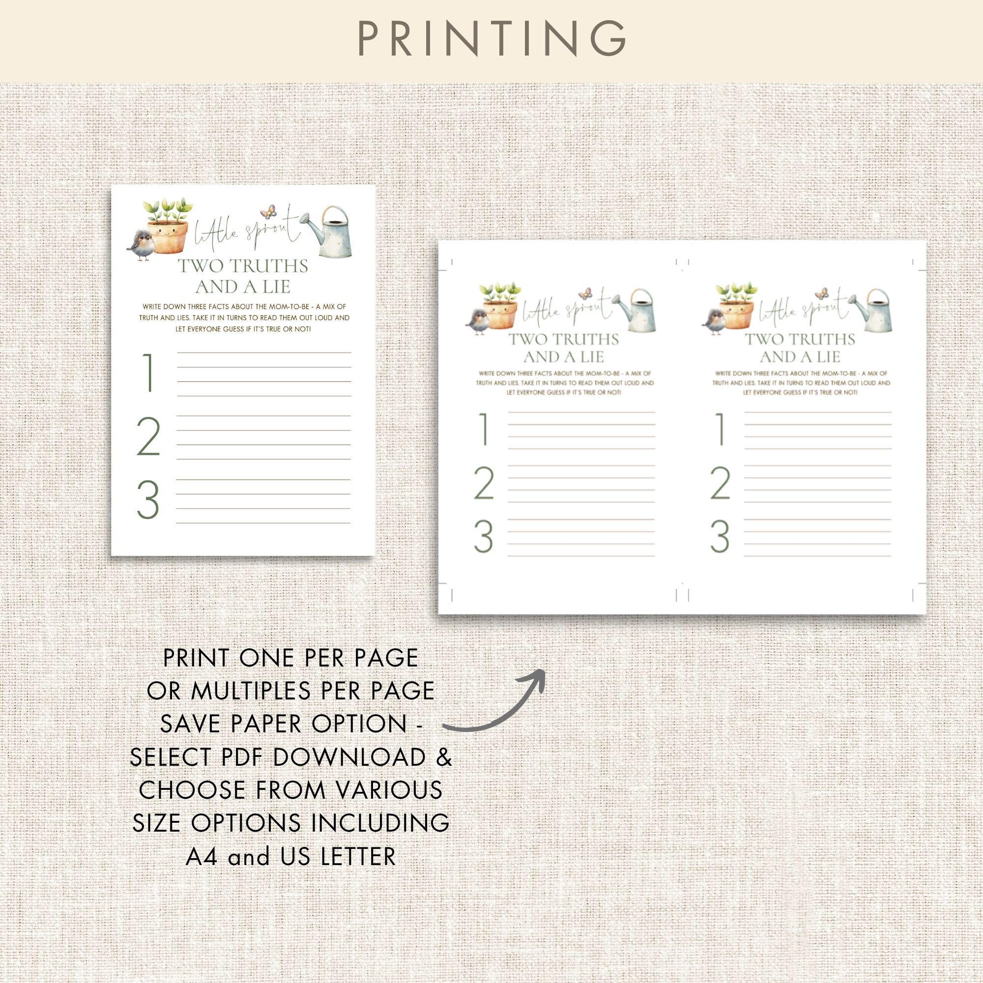 Little Sprout Baby Shower Game Template: Two Truths and a Lie (5x7 ...