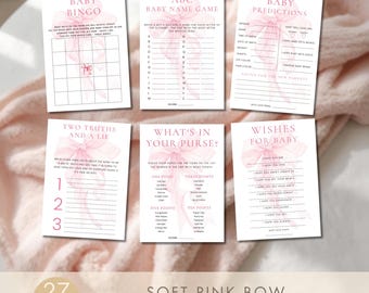 Pink Bow Baby Shower Games Bundle – Editable Corjl Templates, 27 Printable Games BA-35