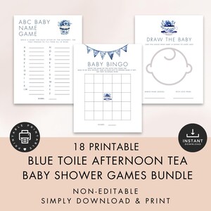 Toile de Jouy Baby Shower Games Bundle, Digital INSTANT DOWNLOAD, Printable, Blue Chinoiserie Afternoon Tea Party, Non-Editable BA-18