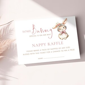 Nappy Raffle Card Template, INSTANT DOWNLOAD, Some Bunny Special is on Way, Baby Shower, Cute Rabbit in Hat, 5 x 3.5" Corjl Editable BA-19
