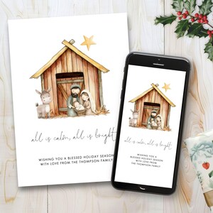 Nativity Christmas Card Template, Printable INSTANT DOWNLOAD,  All is Calm, Electronic Greeting, Carol Lyric, Stable, Corjl Editable CH-27