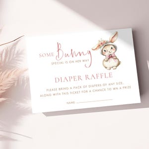 Diaper Raffle Card Template, INSTANT DOWNLOAD, Some Bunny Special is on Way, Baby Shower, Cute Rabbit in Hat, 5 x 3.5" Corjl Editable BA-19