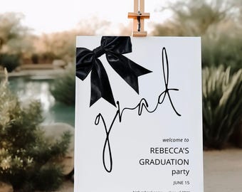 Black Bow Graduation Party Welcome Sign,  Corjl Editable Template (Printable, Instant Download) GR-11