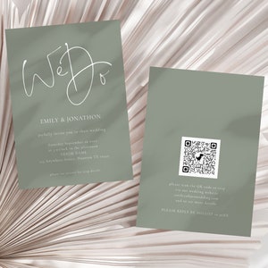 May include: Two sage green wedding invitations. The front invitation reads "We Do" in white script, with the names "Emily & Jonathon" and wedding details. The back has a QR code and reply details.