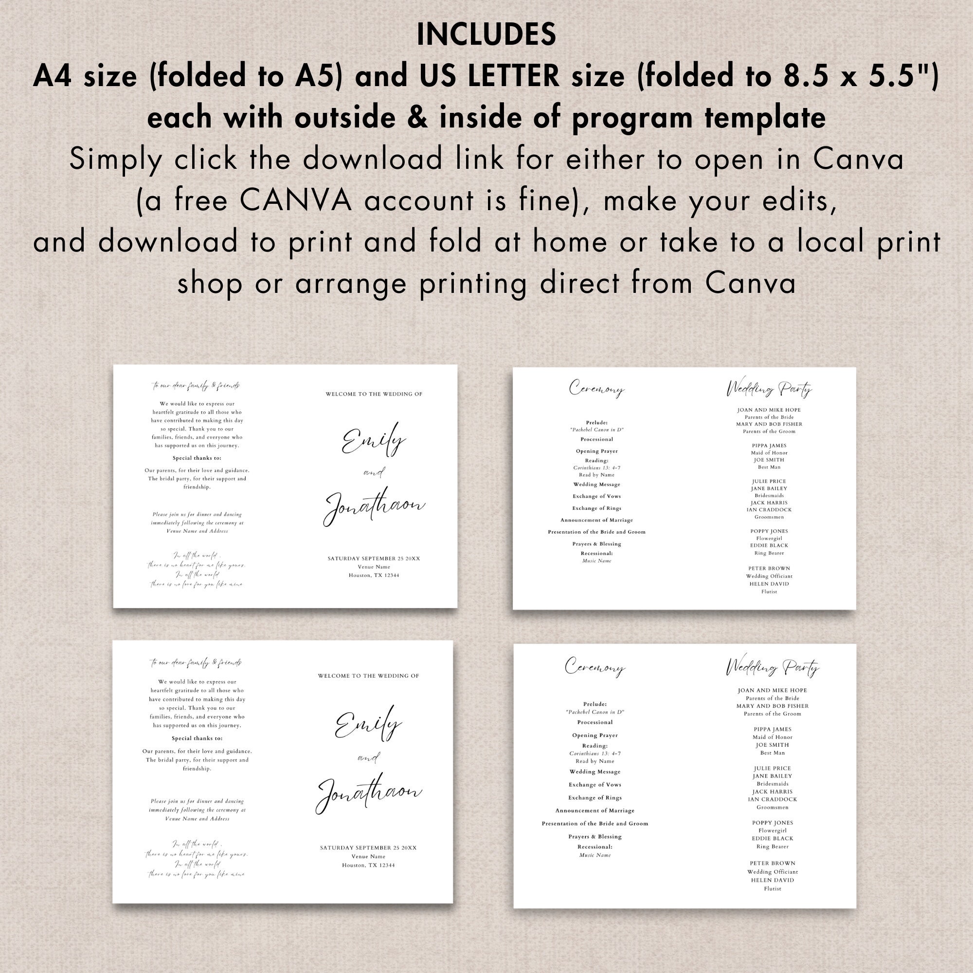 Sample Folded Programs Printable Church Wedding Folded Program Canva Template, INSTANT ...