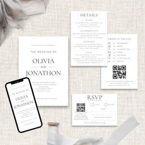 Könnte beinhalten: Eine Sammlung eleganter Hochzeitskarten in Schwarz und Weiß. Das Set umfasst Einladungen, RSVP-Karten, Detailkarten und eine Tagesordnungskarte. Ein Smartphone zeigt das Einladungsdesign. Der Text lautet "The Wedding of Olivia and Jonathon".