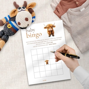 Highland Cow Baby Bingo Game Template, INSTANT DOWNLOAD, Holy Cow Baby Shower, Party Activity, Cute  Farm Animal, Corjl Editable BA-26.