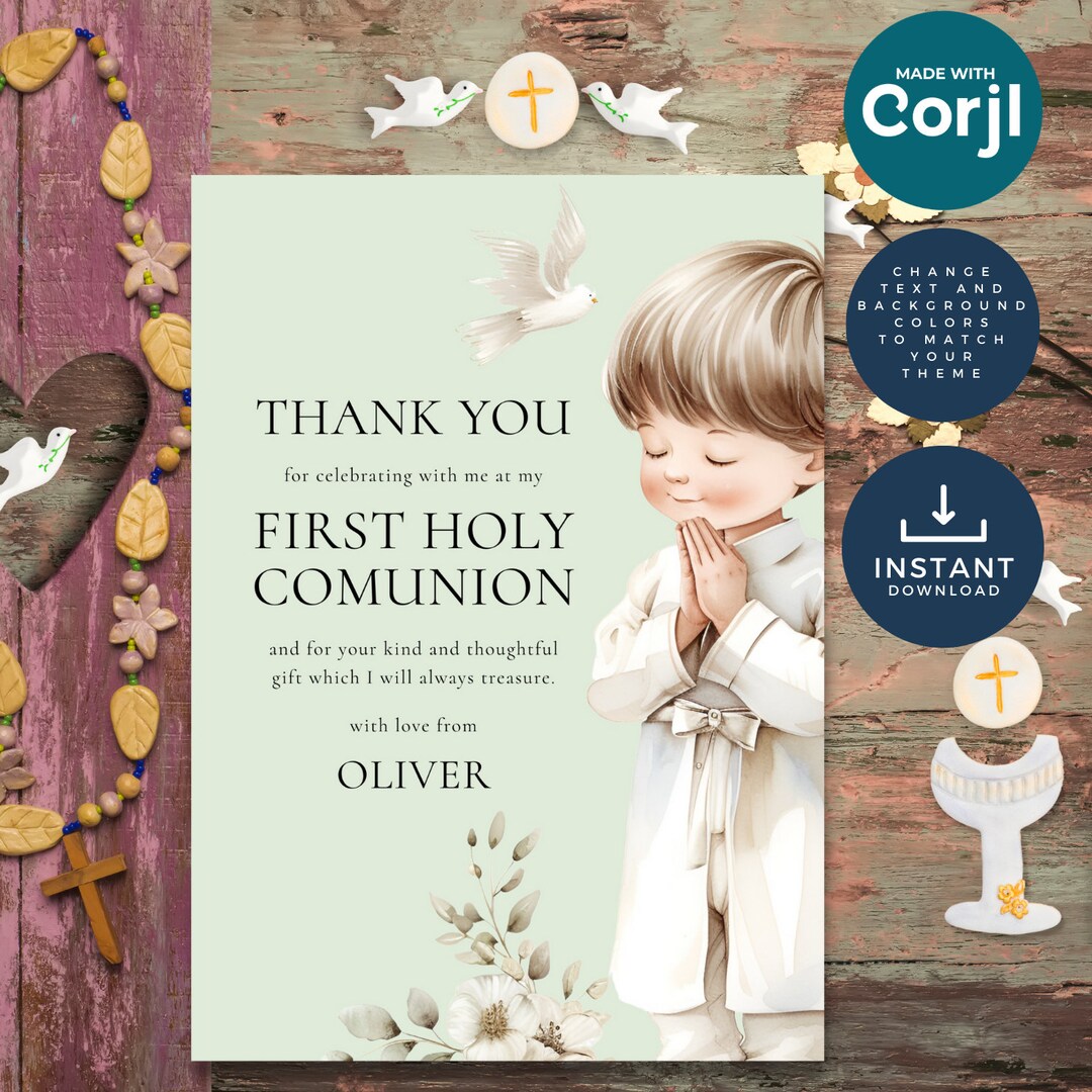 Communion Mint First Holy Communion for Boy Thank You Minimalist Template, Printable ...