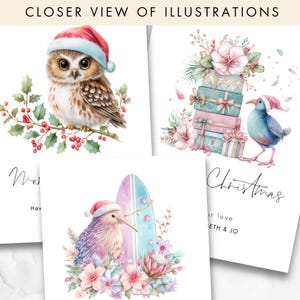 Op de afbeelding: Waterverfillustraties van kerstkaarten met een uil, een vogel en een kiwi, allemaal met kerstmutsen. De kaarten bevatten bloemstukken, een surfplank en geschenkdozen. De tekst "Closer View of Illustrations" staat bovenaan.
