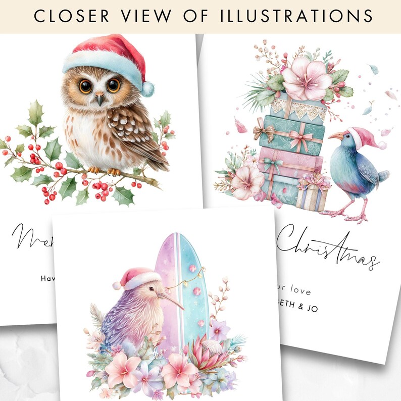 Op de afbeelding: Waterverfillustraties van kerstkaarten met een uil, een vogel en een kiwi, allemaal met kerstmutsen. De kaarten bevatten bloemstukken, een surfplank en geschenkdozen. De tekst "Closer View of Illustrations" staat bovenaan.