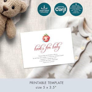Books for Baby Template, INSTANT DOWNLOAD, Strawberry, Baby Shower Activity, Digital Enclosure Card, Berry Sweet, 5X3.5 Corjl Editable BA-09