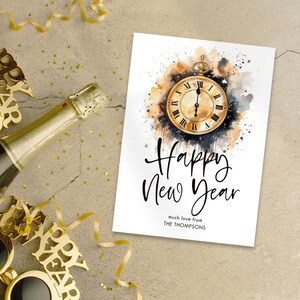 Happy New Year Card Template, Printable INSTANT DOWNLOAD, Phone Size Greeting, Clock showing Midnight, Gold & Black, Corjl Editable NY-07