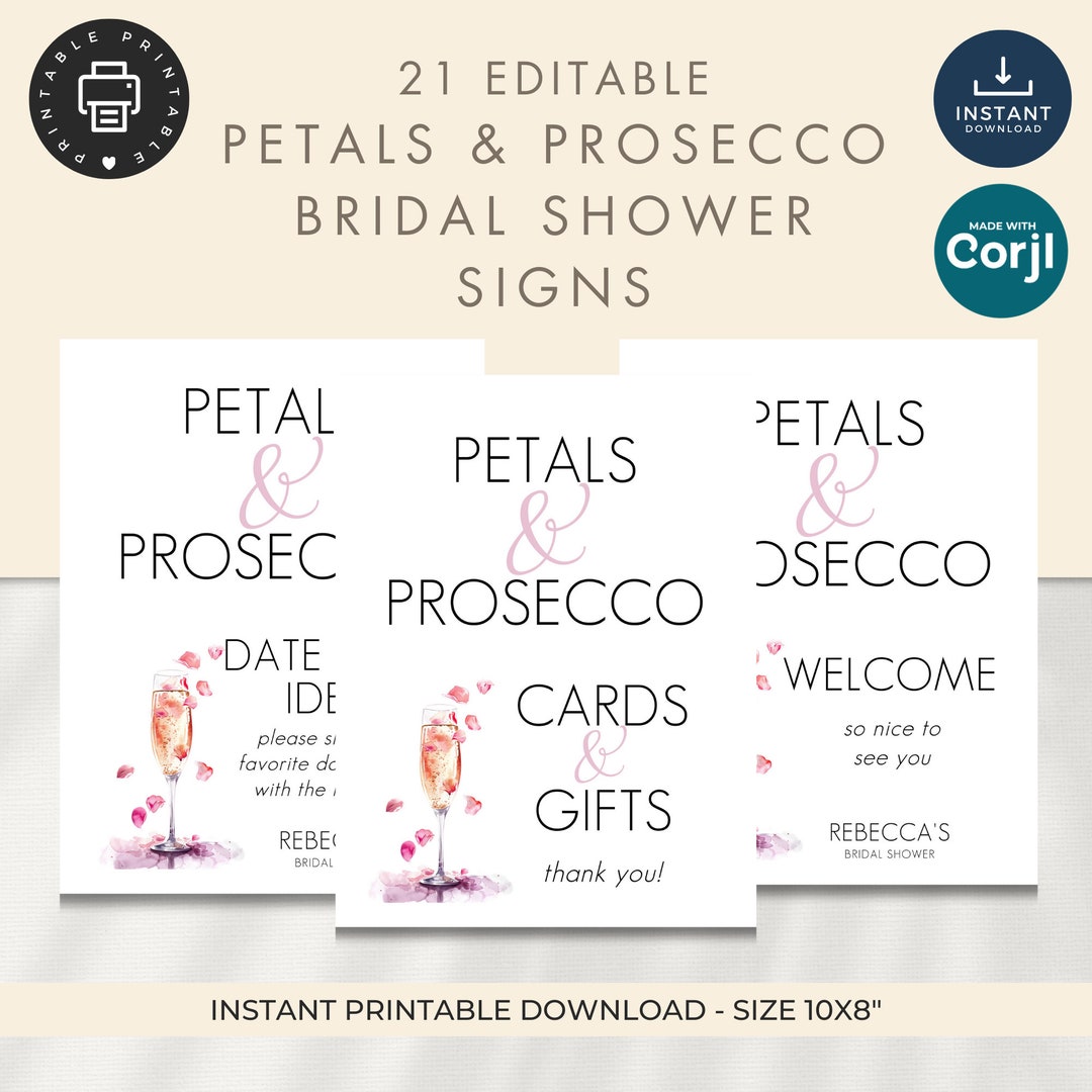 Petals and Prosecco Bridal Shower Table Signs Bundle, Printable ...