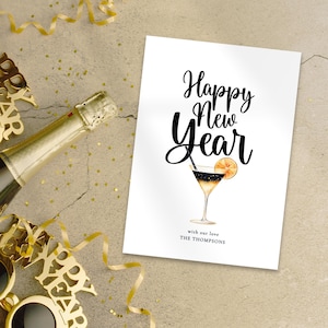 Happy New Year Card Template, Printable INSTANT DOWNLOAD, Electronic Size Greeting, Cocktail Design, Gold and Black, Corjl Editable NY-09