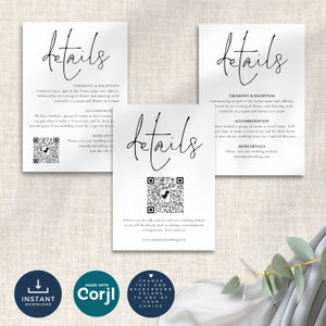 May include: White wedding details cards with black script. Each card displays the word "details" in a flowing font, event information, a QR code, and website details. The cards are designed for a wedding.