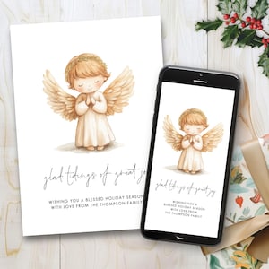 Angel Christmas Card Template, Printable INSTANT DOWNLOAD,  Xmas Holiday Electronic Greeting, Carol Lyric, Nativity, Corjl Editable CH-27