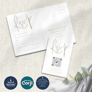 May include: A white RSVP card with gold lettering. The card has a section for guests to RSVP with options to "Gladly Accept" or "Regretfully Decline". The card also includes a section for guests to provide their names and number attending, as well as any dietary requirements. The card has a QR code and the text "Please scan the QR code on RSVP to access our wedding website".