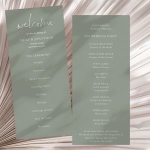May include: A green wedding ceremony program with the names Emily & Jonathon and the text "welcome" at the top. The program lists the order of events for the ceremony, including the prelude, procession, bridal procession, opening prayer, readings, message, exchange of vows, kiss the bride, and recession. The right side of the program lists the wedding party, including the officiant, parents of the bride and groom, maid of honor, best man, bridesmaids, groomsmen, flower girl, and ring bearer.
