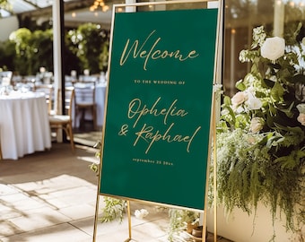 Druckbares Emerald Grün Gold Willkommen beim Hochzeitsschild, SOFORTIGER DOWNLOAD, Empfangsbeschilderung, bearbeitbare Canva-Vorlage, minimalistisch - we-14