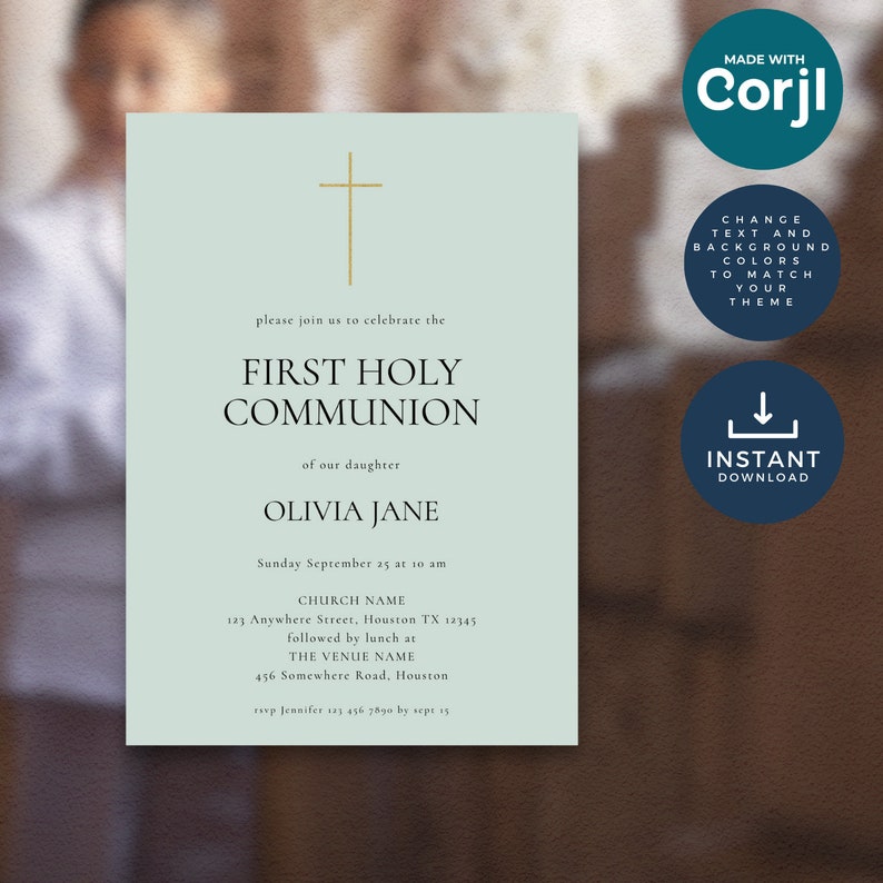 Communion Mint First Holy Communion Invitation, Mint Green, Printable Template ...