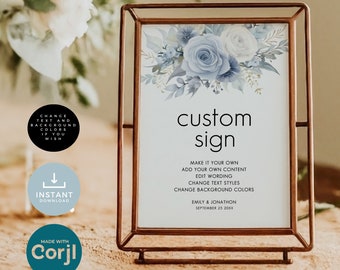 Dusty Blue Florals Wedding Reception Custom Table Sign Template, Printable INSTANT DOWNLOAD, Light Blue Flowers, Modern Corjl Editable we-26
