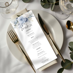 Wedding Dinner Menu Blue Floral, Template, Printable INSTANT DOWNLOAD, Dusty Blue Flowers, Reception Table Menu, 4x9, Corjl Editable we-26