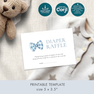 Blue Bow Tie Diaper Raffle Card Template, Digital INSTANT DOWNLOAD, Boy Baby Shower, Gingham, Digital Enclosure, 5x3.5" Corjl Editable BA-17