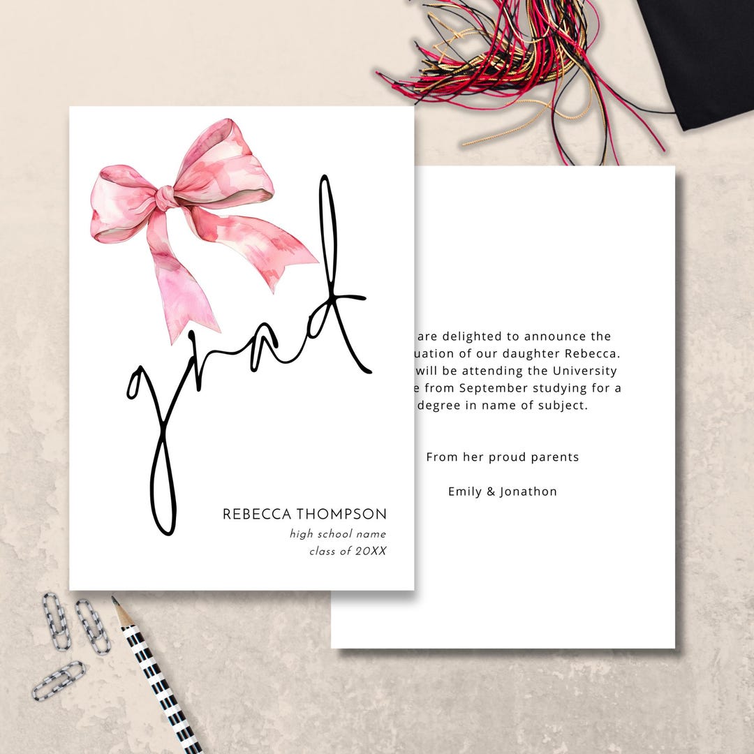 Pink Bow Graduation Announcement Template, Coquette, Minimalist (corjl ...