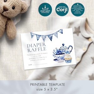 Toile de Jouy Diaper Raffle Card Template, Digital INSTANT DOWNLOAD, Baby Shower Enclosure, Blue Chinoiserie,  5x3.5" Corjl Editable BA-18