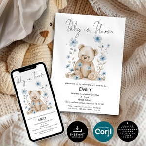 Teddy Bear Baby In Bloom Baby Shower Invitation Template, INSTANT DOWNLOAD, Watercolor, Blue Floral, Boy Phone Invite, Corjl Editable ba-05