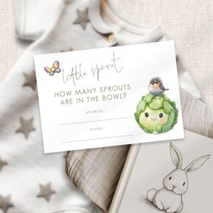 Guess How Many Sprouts Card Template, INSTANT DOWNLOAD, Little Sprout Baby Shower, Locally Grown, Girl or Boy, 5 x 3.5" Corjl Editable BA-27