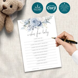 Wishes for Baby In Bloom Template, INSTANT DOWNLOAD, Dusty Blue Florals, Baby Shower, Party Game Activity, Advice Card, Corjl Editable BA-01