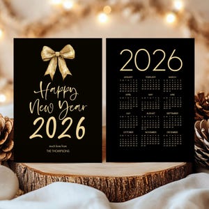 Happy New Year Greeting Card Template, Printable INSTANT DOWNLOAD, Black Gold Faux Sparkle Coquette Bow, 2026 Calendar, Corjl Editable NY-05