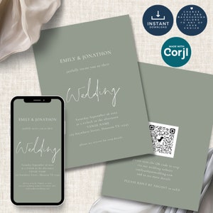 May include: A green wedding invitation with white text. The invitation reads "Emily & Jonathon joyfully invite you to their wedding" and includes the date, time, and location of the wedding. A QR code is included on the bottom right corner of the invitation.