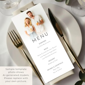 Wedding Menu with Photo Template - Printable Reception Table Menu, 4 x 9, Corjl Editable we-21