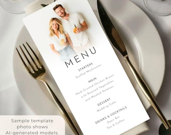 Wedding Menu with Photo Template - Printable Reception Table Menu, 4 x 9, Corjl Editable we-21