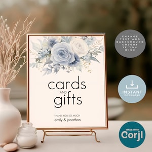 Dusty Blue Florals Wedding Cards and Gifts Table Sign Template, Printable INSTANT DOWNLOAD, Light Blue Flowers, Modern Corjl Editable we-26