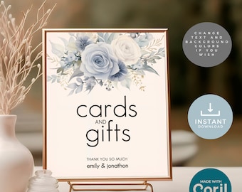 Dusty Blue Florals Wedding Cards and Gifts Table Sign Template, Printable INSTANT DOWNLOAD, Light Blue Flowers, Modern Corjl Editable we-26