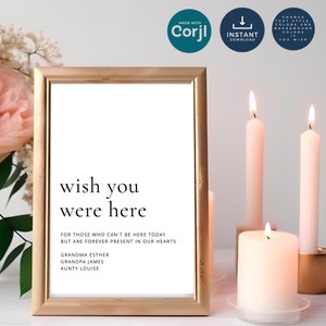 Letrero imprimible "Wish You Were Here", plantilla de señalización para mesa de boda, DESCARGA INSTANTÁNEA, In Loving Memory, minimalista, Corjl editable we-25
