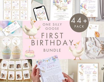 One Silly Goose First Birthday Bundle, INSTANT DOWNLOAD, 1st Party Sign Decor, Time Capsule, Milestone Cards, Clipart, Corjl, Template BI-10
