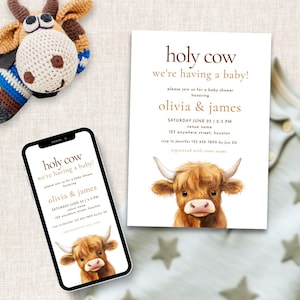 Holy Cow We&#39;re Having a Baby Invitation Template INSTANT DOWNLOAD, Highland Cow,  Gender Neutral Shower, Phone Invite, Corjl Editable BA-26