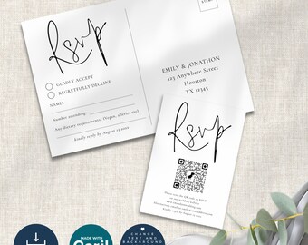 May include: White RSVP postcard and insert with black script text. The postcard includes a space for names, and dietary requirements. The insert has a QR code and website information. The design is minimalist and elegant.
