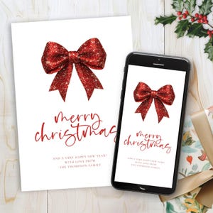 Christmas Card Template, Printable INSTANT DOWNLOAD,  Xmas Holiday Phone card, Red Faux Glitter Bow, Sparkly Coquette, Corjl Editable CH-21