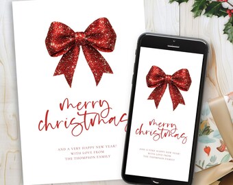 Christmas Card Template, Printable INSTANT DOWNLOAD,  Xmas Holiday Phone card, Red Faux Glitter Bow, Sparkly Coquette, Corjl Editable CH-21