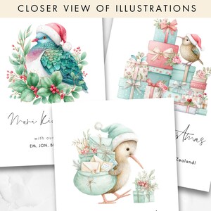 Op de afbeelding: Een verzameling aquarel kerstkaarten met feestelijke illustraties. De kaarten tonen een vogel met een kerstmuts, een kiwi met cadeaus en stapels cadeaus. De tekst "Closer View of Illustrations" staat bovenaan.