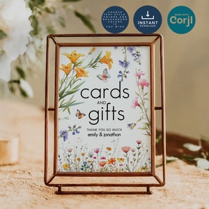 Wildflower Table Sign, Wedding Cards and Gifts Sign Template, Printable INSTANT DOWNLOAD, Wildflowers Butterflies, Boho Corjl Editable we-16