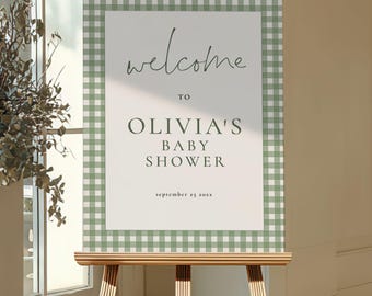 Sage Green Gingham Baby Shower Welcome Sign Template, Printable, Editable in Corjl, Instant Download Party Decoration BA-30